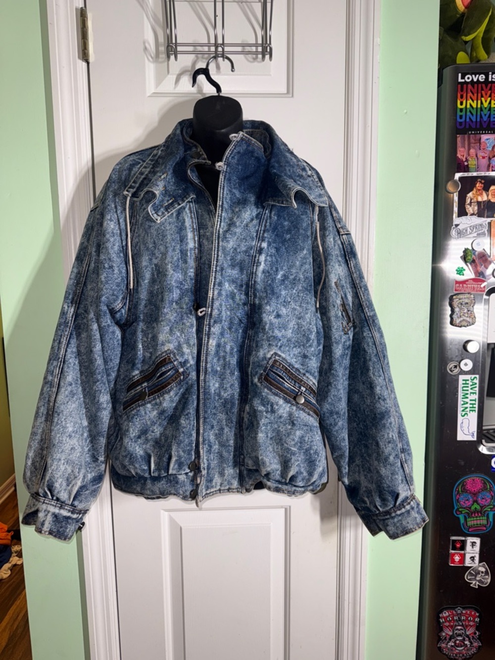 1980s Vintage Acid Wash Denim Bomber Jacket - Stonewash Blue Size XL